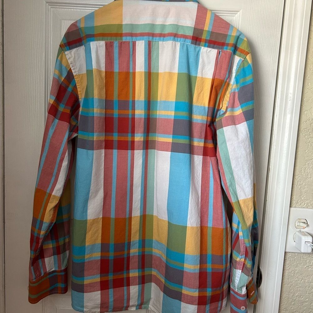 Colorful Cotton Poplin Madras Plaid Shirt Southern Pines Blue Pink Yellow Mens L - Picture 9 of 13